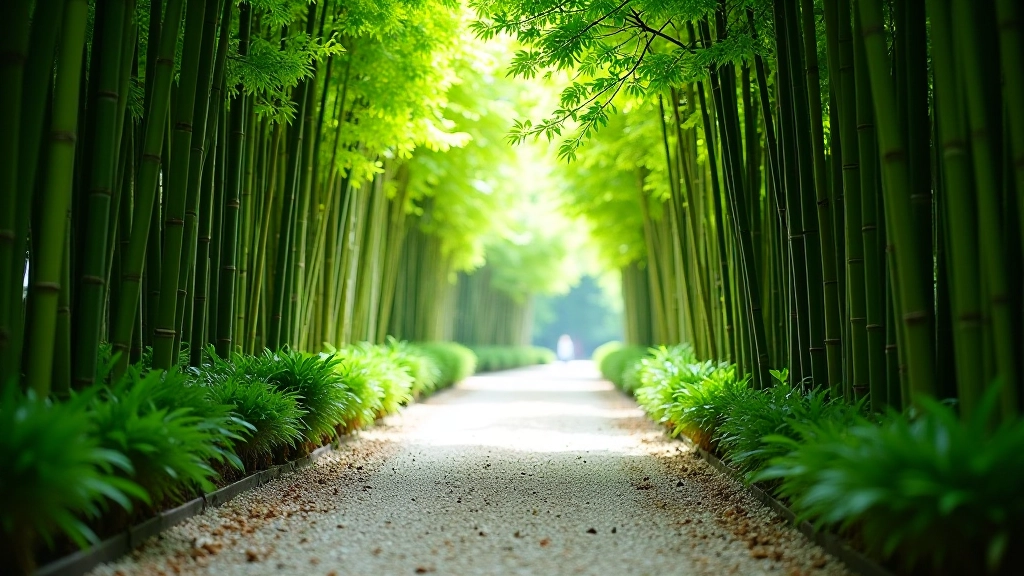 Sendero de grava rodeado de plantas de bambú verde en el jardín
