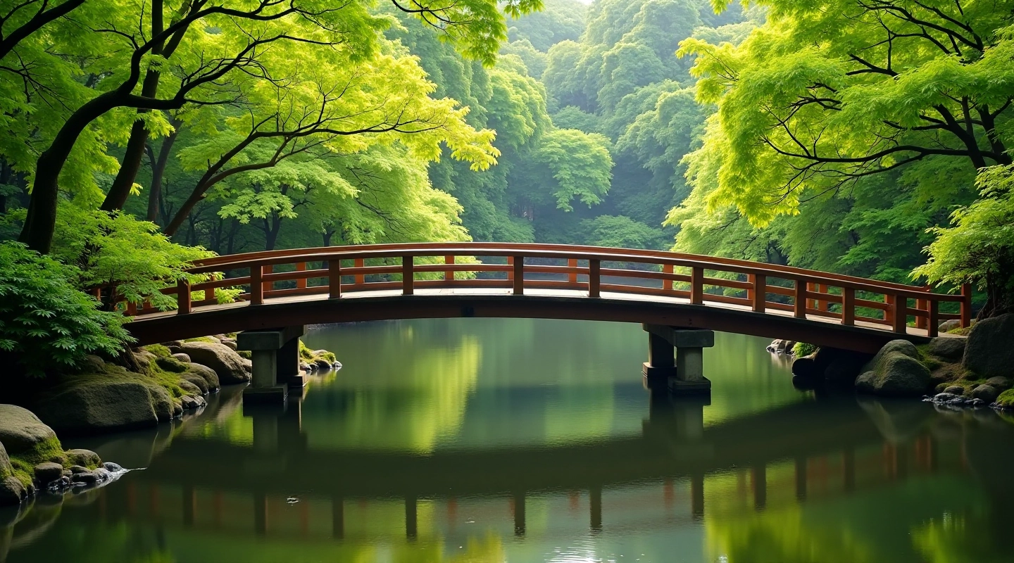 Puente tradicional de madera con barandillas sobre agua clara, reflejando los árboles verdes circundantes en el jardín japonés